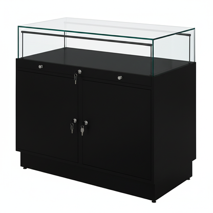 Halo Black Glass Display Showcase Counter with 2 Lockable Cupboards