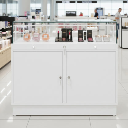 Halo White Glass Display Showcase Counter with 2 Lockable Cupboards