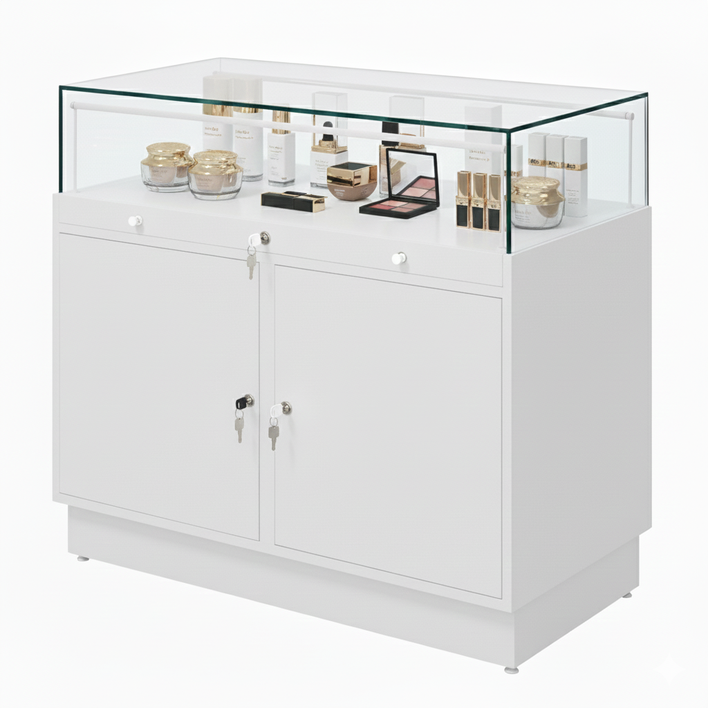 Halo White Glass Display Showcase Counter with 2 Lockable Cupboards