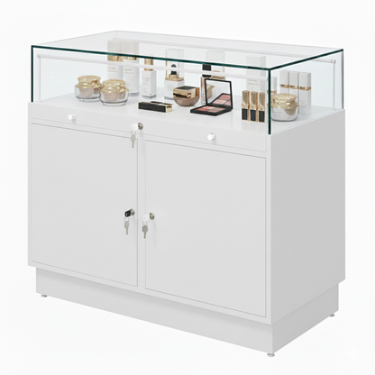 Halo White Glass Display Showcase Counter with 2 Lockable Cupboards
