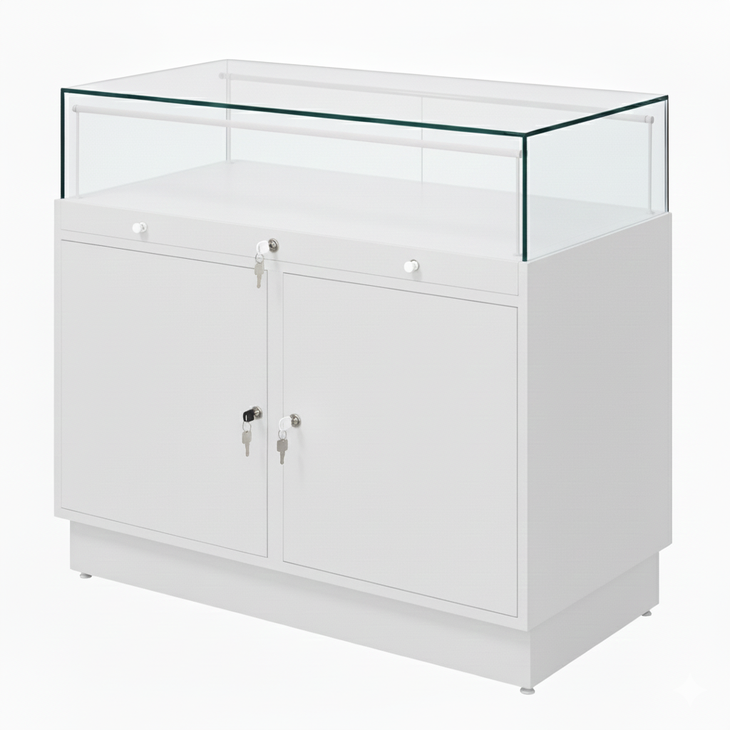Halo White Glass Display Showcase Counter with 2 Lockable Cupboards