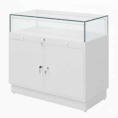 Halo White Glass Display Showcase Counter with 2 Lockable Cupboards