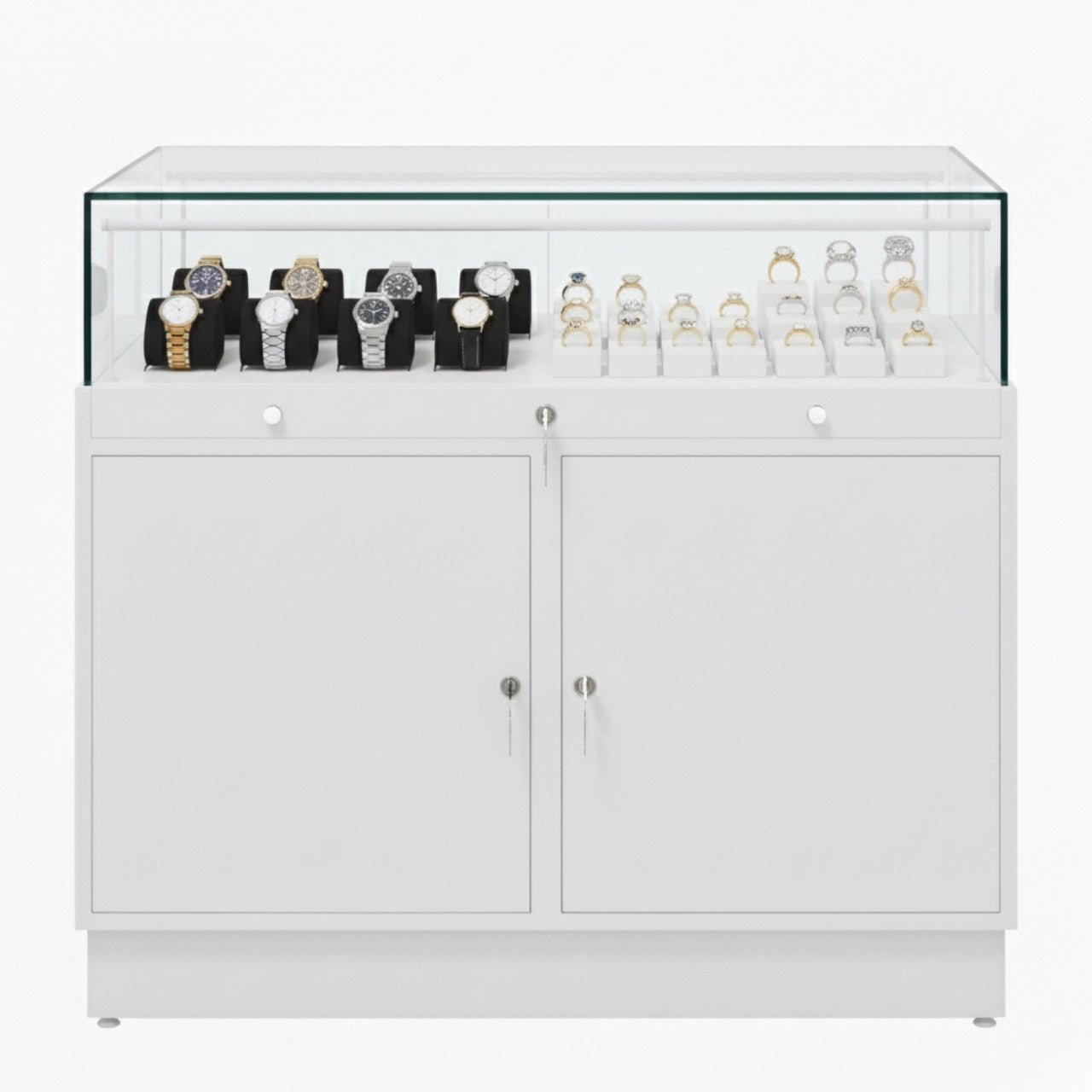 Halo White Glass Display Showcase Counter with 2 Lockable Cupboards
