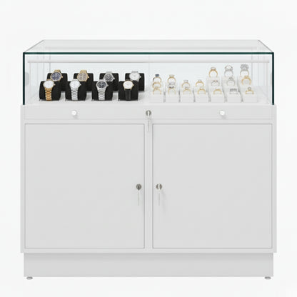 Halo White Glass Display Showcase Counter with 2 Lockable Cupboards