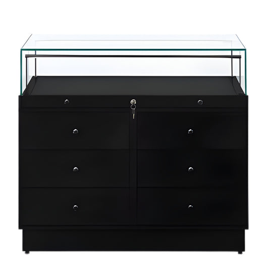 Halo Black Glass Display Showcase Counter with 6 Drawers