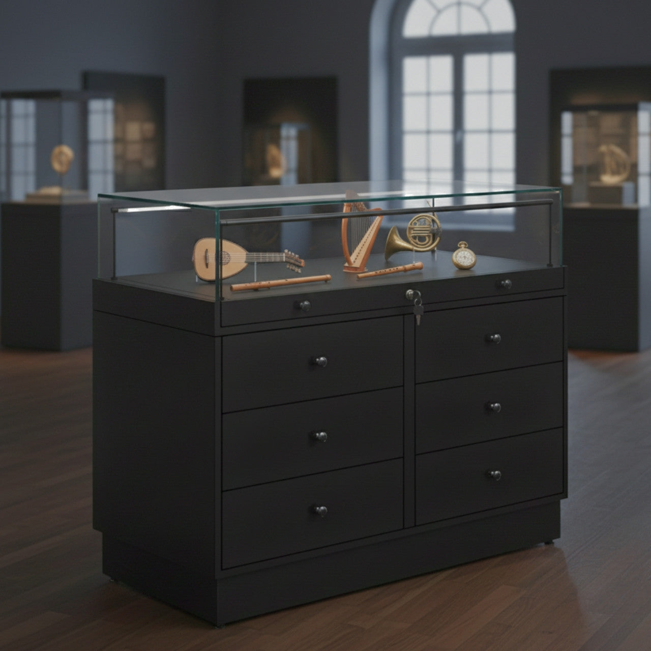Halo Black Glass Display Showcase Counter with 6 Drawers