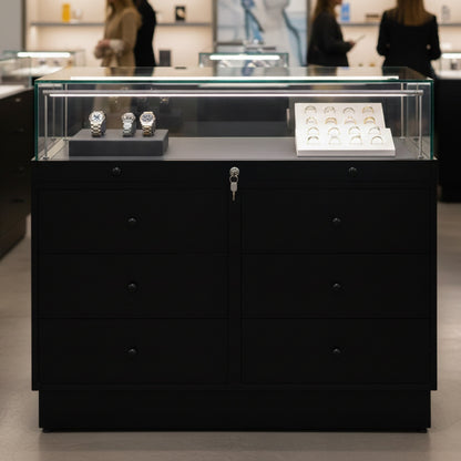Halo Black Glass Display Showcase Counter with 6 Drawers