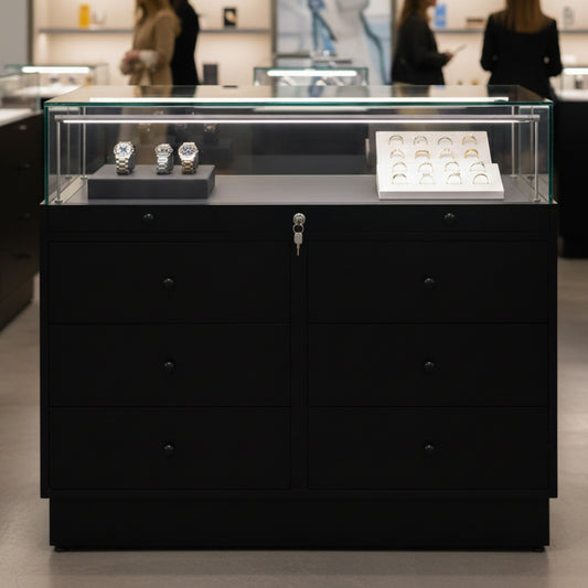 Halo Black Glass Display Showcase Counter with 6 Drawers