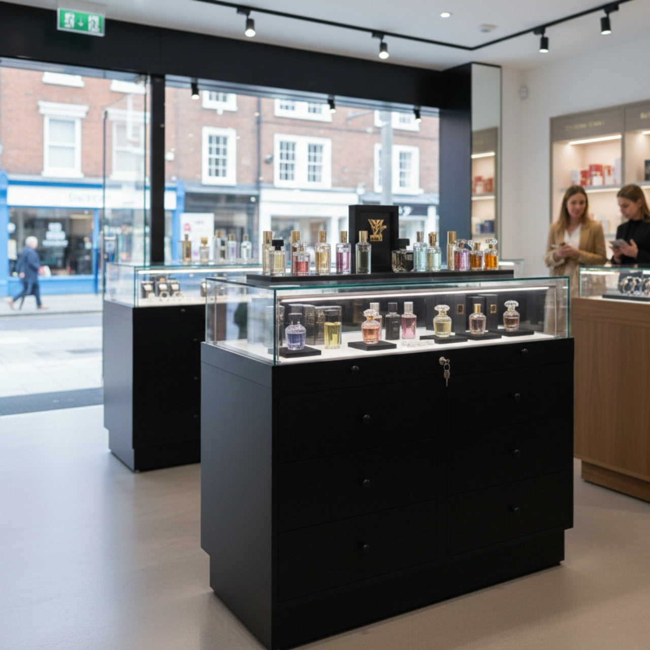 Halo Black Glass Display Showcase Counter with 6 Drawers
