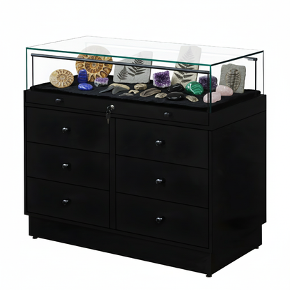 Halo Black Glass Display Showcase Counter with 6 Drawers