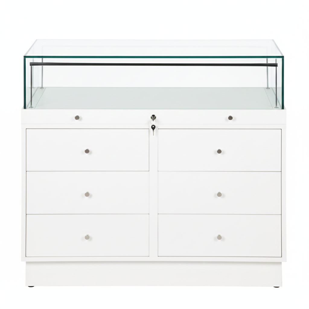 Halo White Glass Display Showcase Counter with 6 Drawers