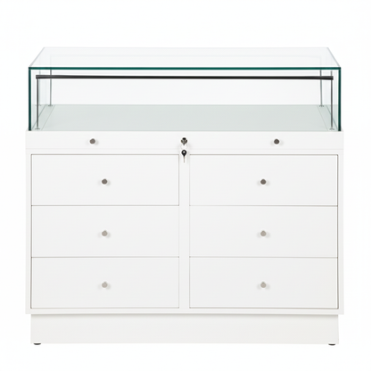 Halo White Glass Display Showcase Counter with 6 Drawers