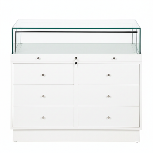 Halo White Glass Display Showcase Counter with 6 Drawers