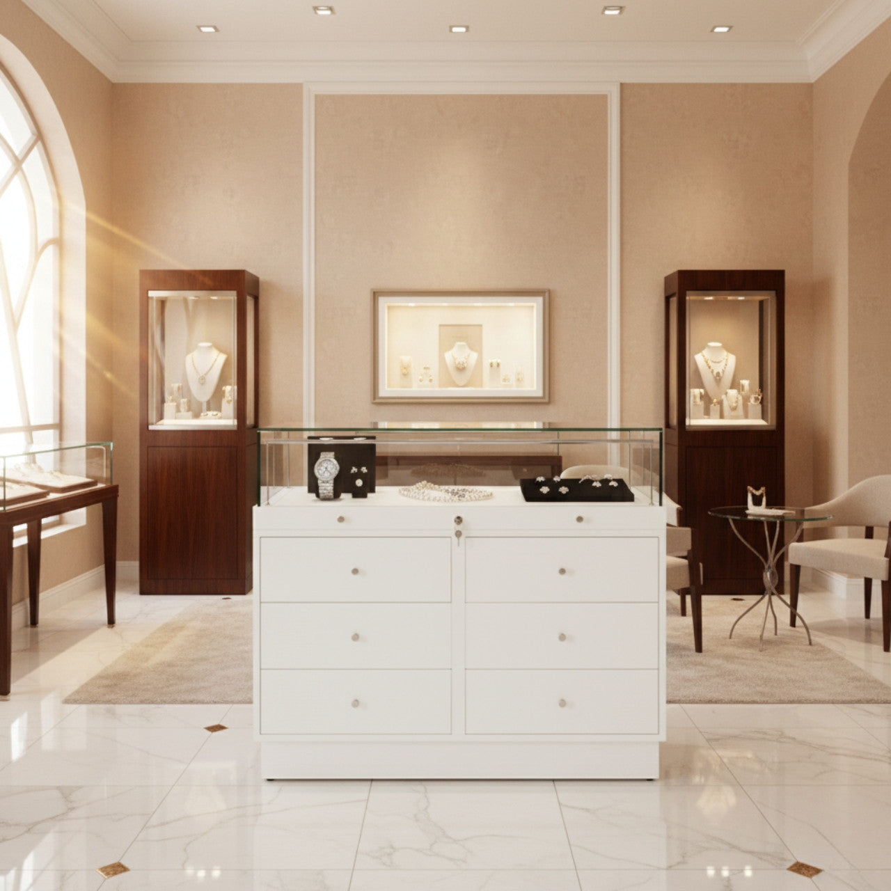 Halo White Glass Display Showcase Counter with 6 Drawers