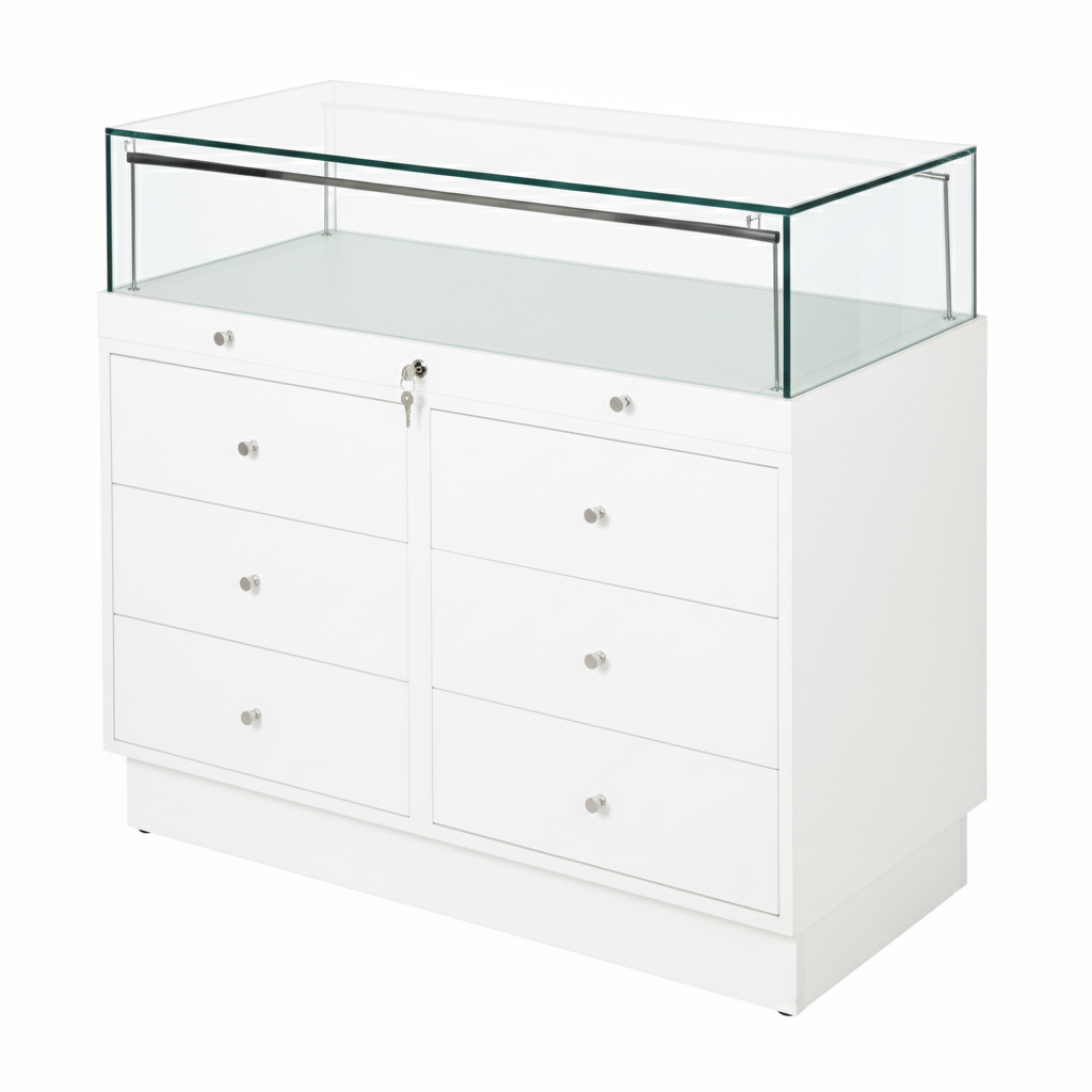 Halo White Glass Display Showcase Counter with 6 Drawers