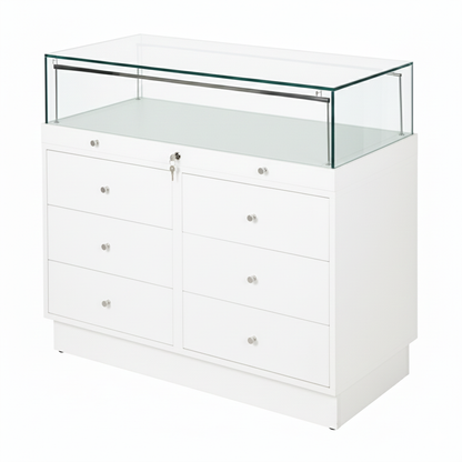 Halo White Glass Display Showcase Counter with 6 Drawers