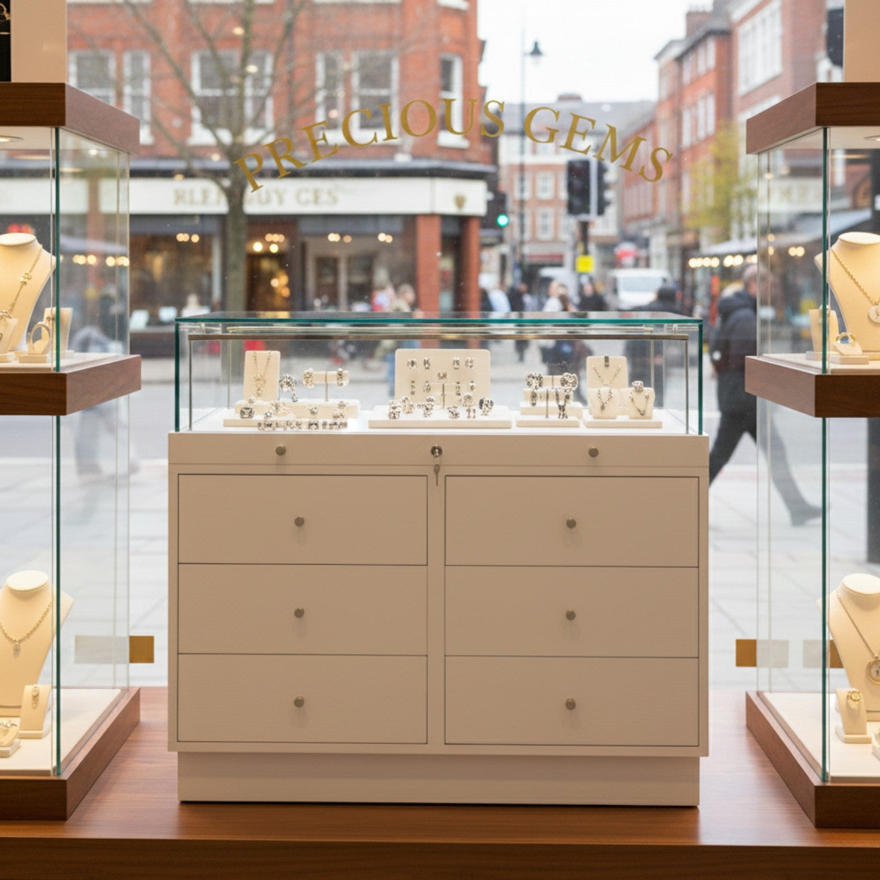 Halo White Glass Display Showcase Counter with 6 Drawers