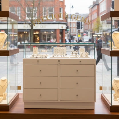 Halo White Glass Display Showcase Counter with 6 Drawers