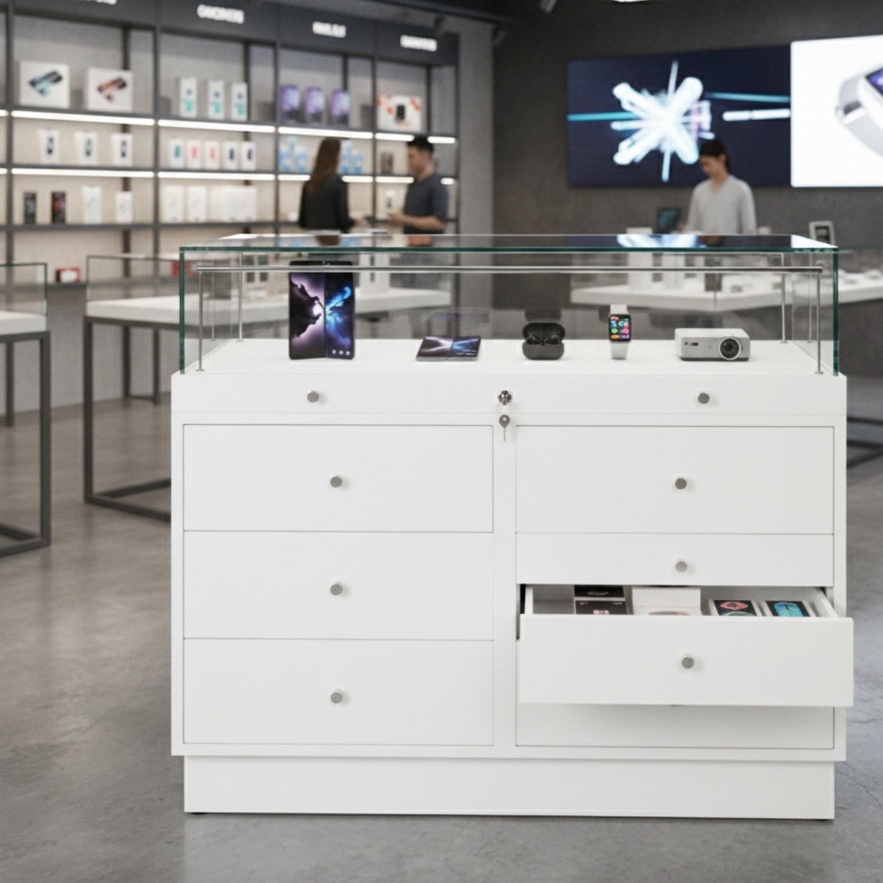 Halo White Glass Display Showcase Counter with 6 Drawers