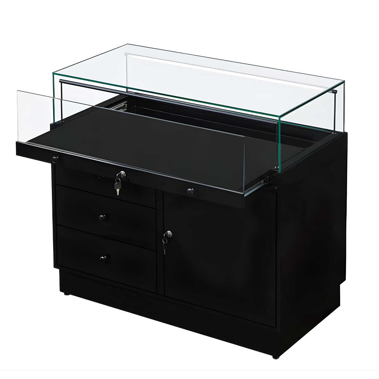 Halo Black Glass Display Showcase Counter with Lockable Cupboard & 3 Drawers