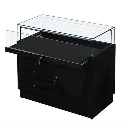 Halo Black Glass Display Showcase Counter with Lockable Cupboard & 3 Drawers