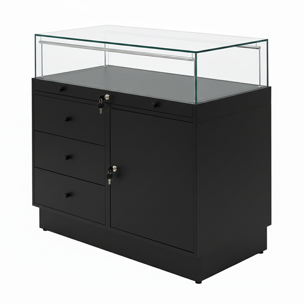Halo Black Glass Display Showcase Counter with Lockable Cupboard & 3 Drawers