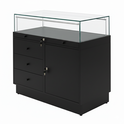 Halo Black Glass Display Showcase Counter with Lockable Cupboard & 3 Drawers