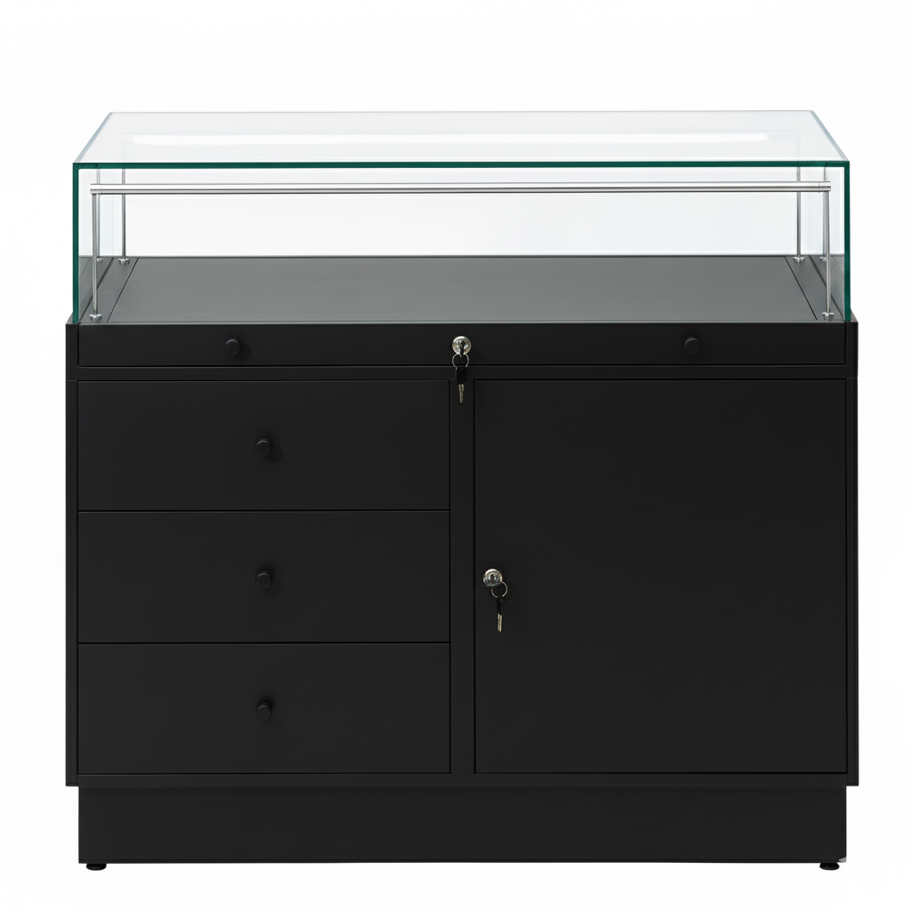 Halo Black Glass Display Showcase Counter with Lockable Cupboard & 3 Drawers