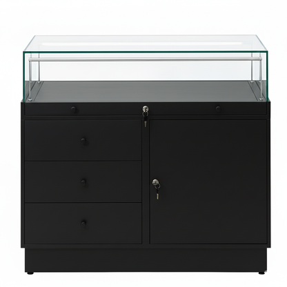 Halo Black Glass Display Showcase Counter with Lockable Cupboard & 3 Drawers