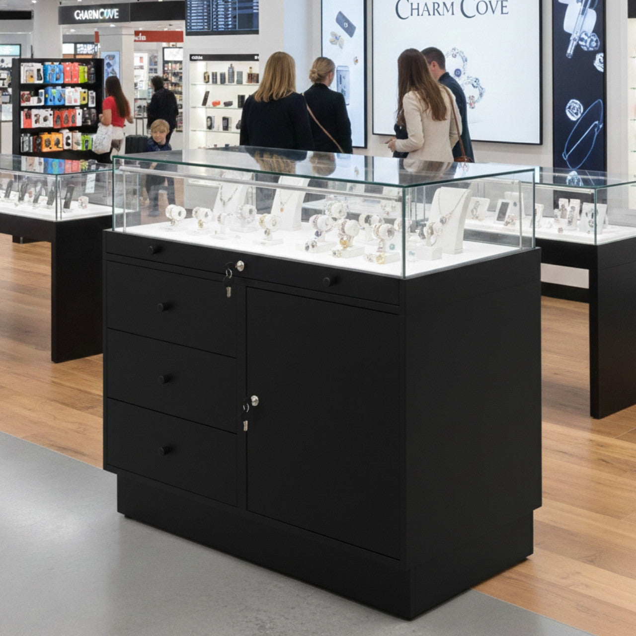 Halo Black Glass Display Showcase Counter with Lockable Cupboard & 3 Drawers