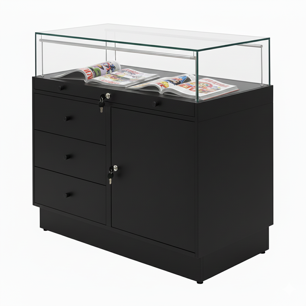 Halo Black Glass Display Showcase Counter with Lockable Cupboard & 3 Drawers
