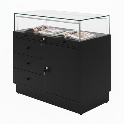 Halo Black Glass Display Showcase Counter with Lockable Cupboard & 3 Drawers