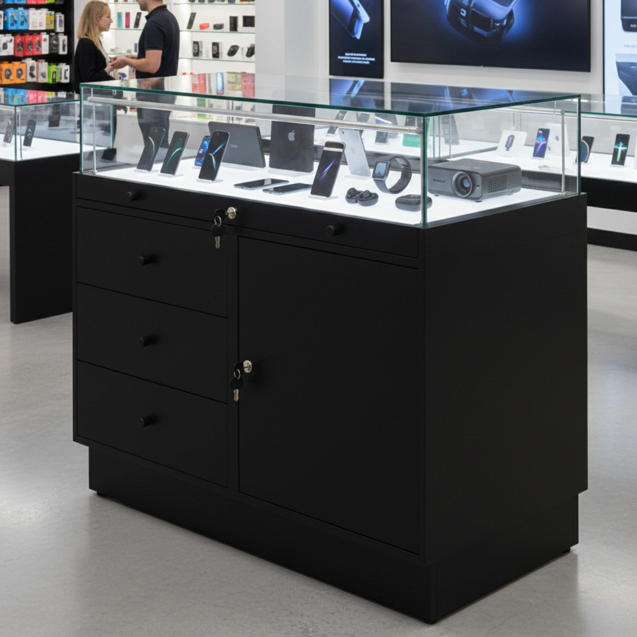 Halo Black Glass Display Showcase Counter with Lockable Cupboard & 3 Drawers