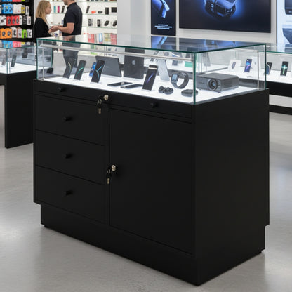 Halo Black Glass Display Showcase Counter with Lockable Cupboard & 3 Drawers