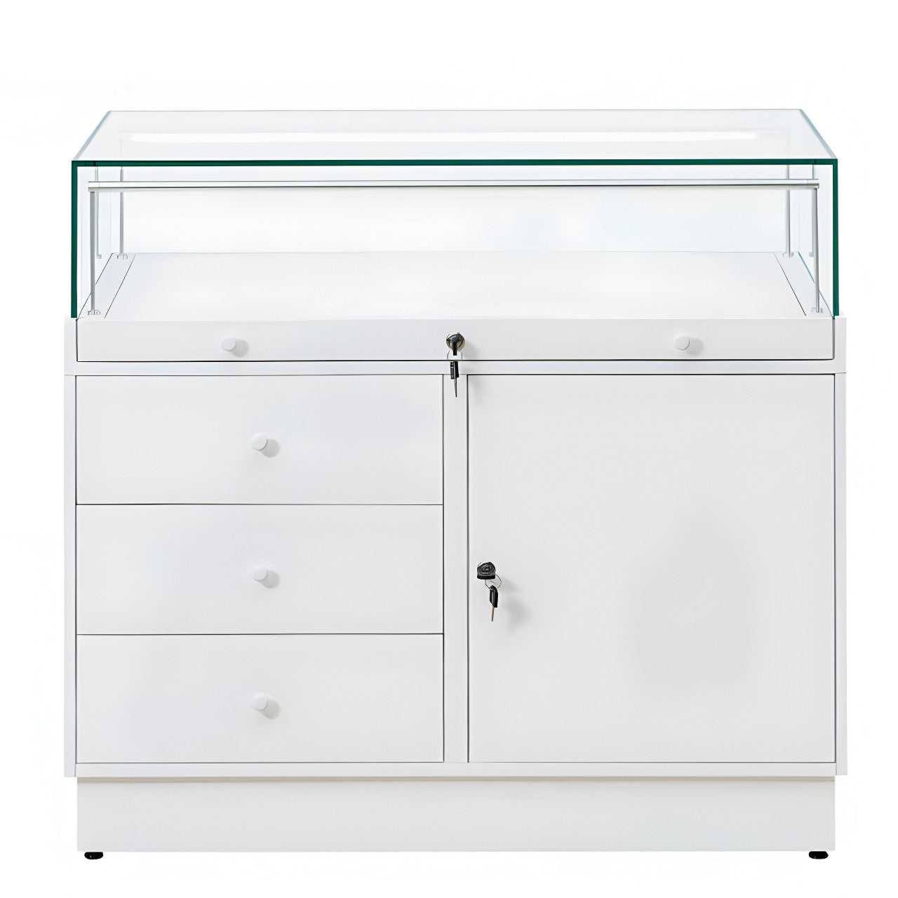Halo White Glass Display Showcase Counter with Lockable Cupboard & 3 Drawers