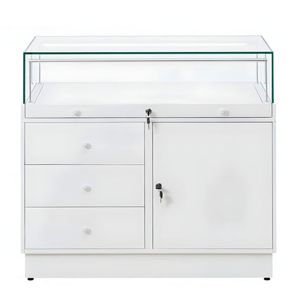 Halo White Glass Display Showcase Counter with Lockable Cupboard & 3 Drawers