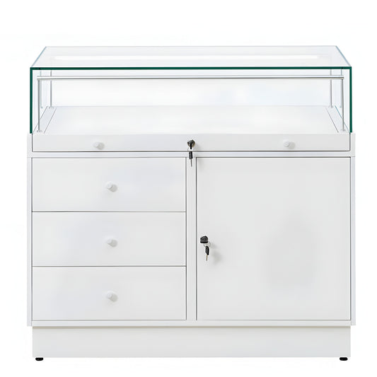 Halo White Glass Display Showcase Counter with Lockable Cupboard & 3 Drawers