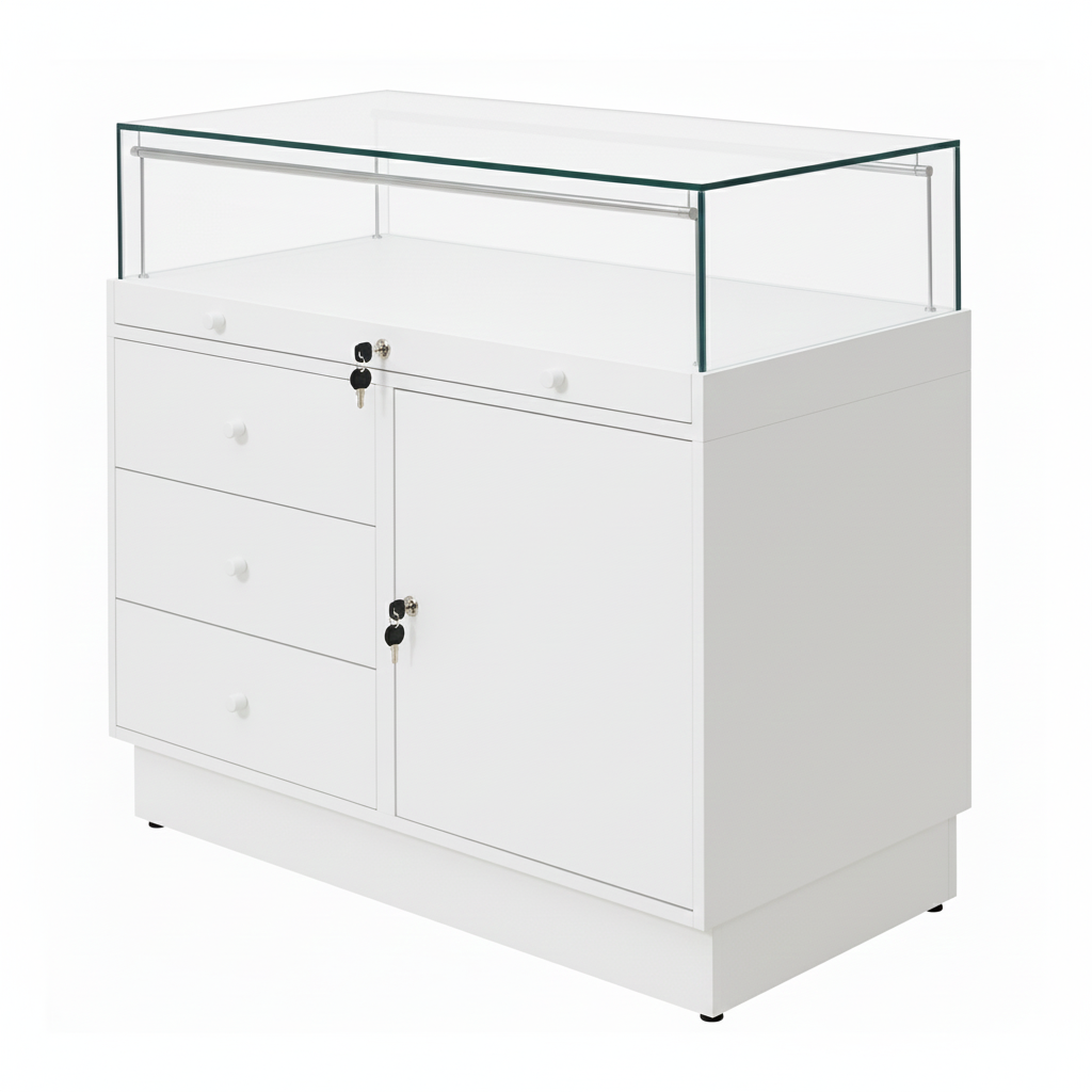 Halo White Glass Display Showcase Counter with Lockable Cupboard & 3 Drawers
