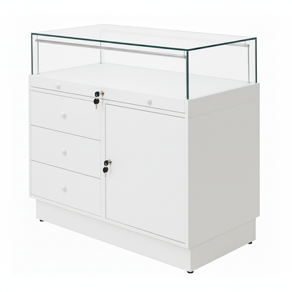 Halo White Glass Display Showcase Counter with Lockable Cupboard & 3 Drawers