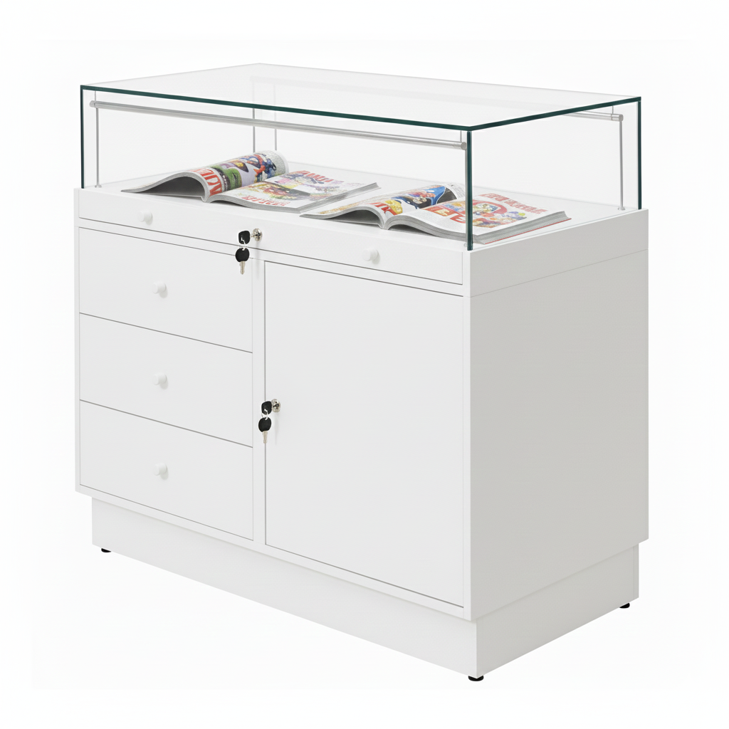 Halo White Glass Display Showcase Counter with Lockable Cupboard & 3 Drawers