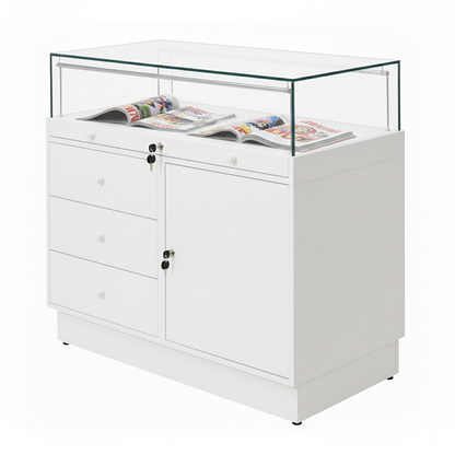 Halo White Glass Display Showcase Counter with Lockable Cupboard & 3 Drawers