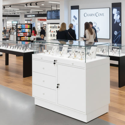 Halo White Glass Display Showcase Counter with Lockable Cupboard & 3 Drawers