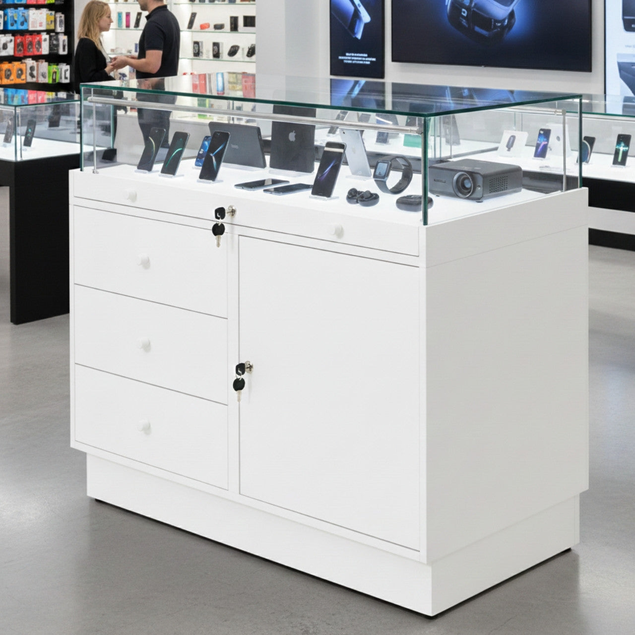 Halo White Glass Display Showcase Counter with Lockable Cupboard & 3 Drawers