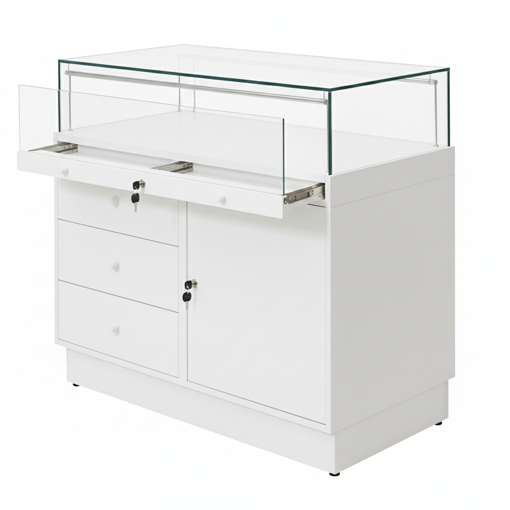 Halo White Glass Display Showcase Counter with Lockable Cupboard & 3 Drawers