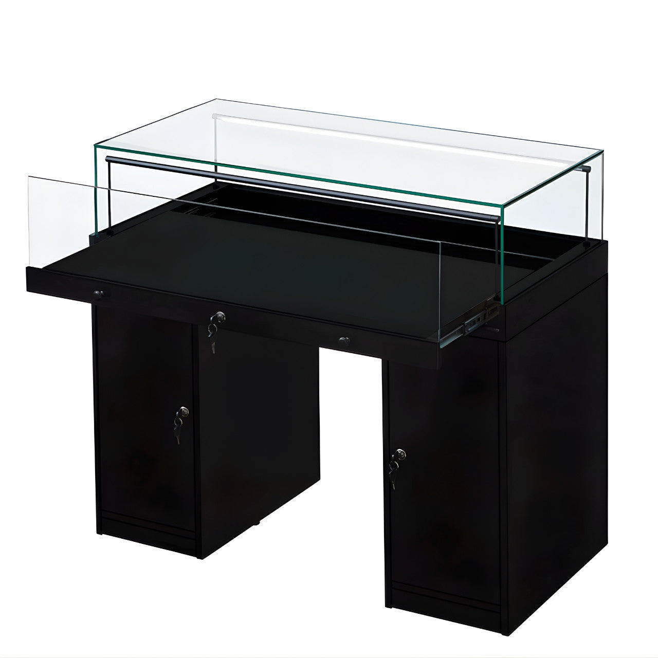 Halo Black Glass Display Showcase Counter with 2 Narrow Lockable Cupboards