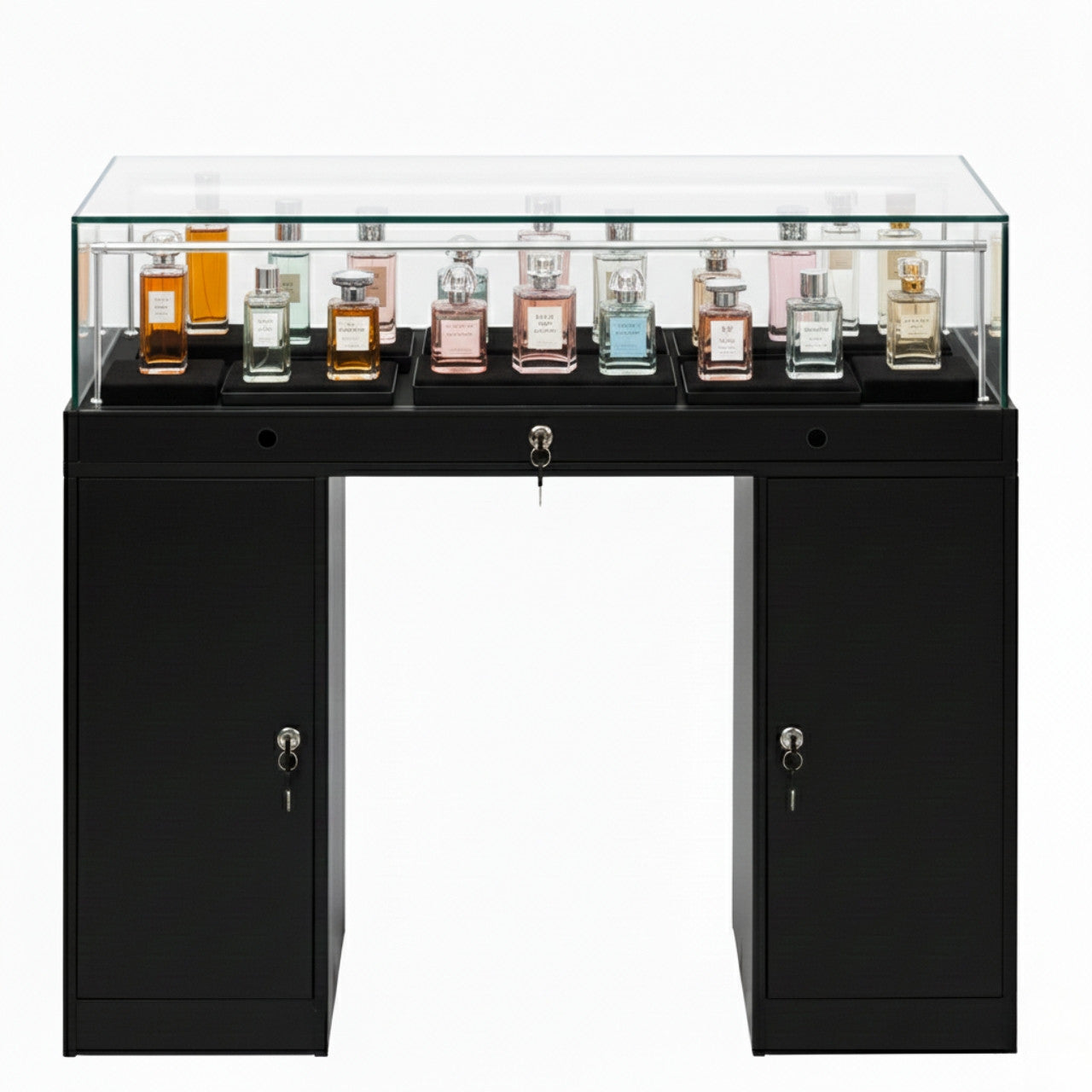 Halo Black Glass Display Showcase Counter with 2 Narrow Lockable Cupboards