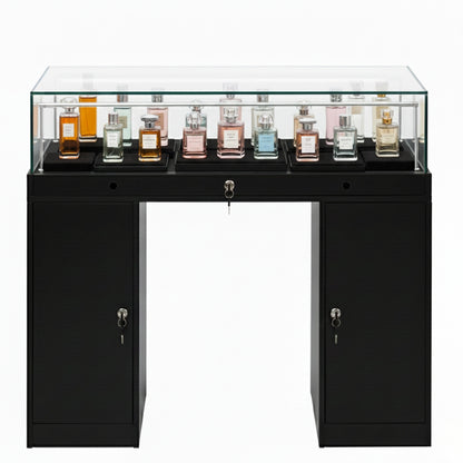 Halo Black Glass Display Showcase Counter with 2 Narrow Lockable Cupboards