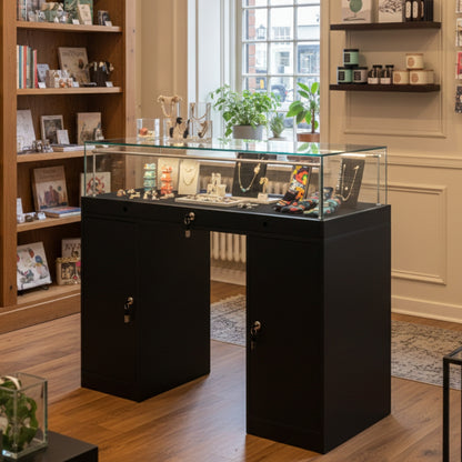 Halo Black Glass Display Showcase Counter with 2 Narrow Lockable Cupboards