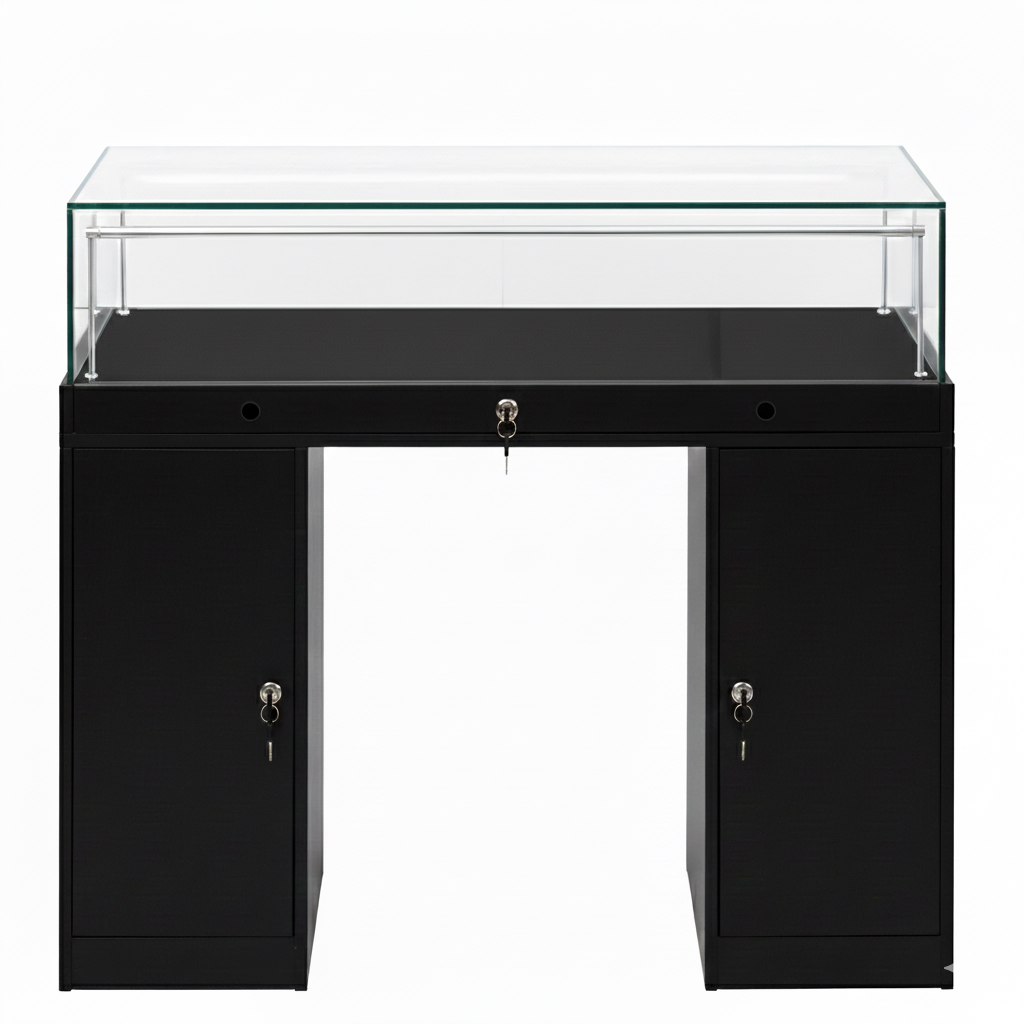 Halo Black Glass Display Showcase Counter with 2 Narrow Lockable Cupboards