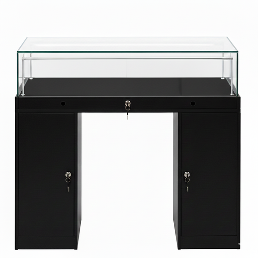 Halo Black Glass Display Showcase Counter with 2 Narrow Lockable Cupboards